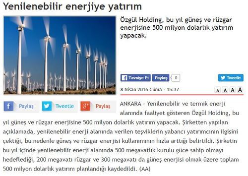 Yenilenebilir Enerjiye 500 Milyon Dolarlık Yatırım